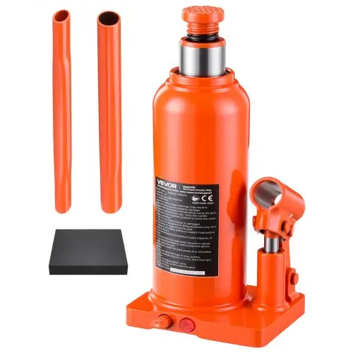 VEVOR hydraulische flessenkrik met een hefvermogen van 12 ton en een hefhoogte van 22-44 cm. Geschikt voor zware pick-ups, middelgrote vrachtwagens en voertuigreparaties, met overbelastingsbeveiliging, verbrede voet en lange hendel.