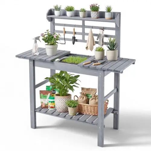 VEVOR Planttafel, Tuintafel, Werktafel met spoelbak, Verstelbaar houten blad, Planken & Haken, Bloementafel, Verpottafel voor Terras & Tuin, Plankenmodel, 94 x 46 x 140 cm