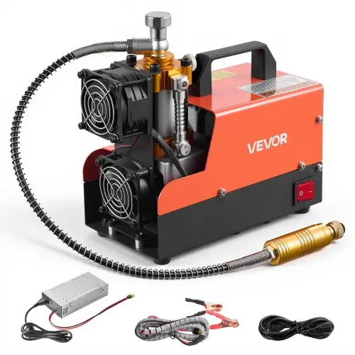 VEVOR PCP luchtcompressor 250W, luchtgeweercompressor, 300 bar, DC 12V, AC 230V, 4500 PSI 30 MPa, ventilatorkoeling, handmatige stop, converter voor thuis- en buitengebruik, hogedrukcompressor voor paintball- en duikflessen