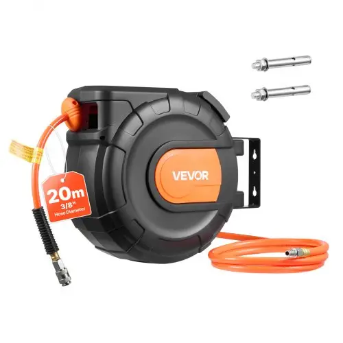 VEVOR persluchtslanghaspel, 9,5 mm x 20 m PVC persluchtslang, 20 bar, gesloten slanghaspel met automatische oprolfunctie en 2 m toevoerkabel, 180° draaibare plafond-/wandbeugel
