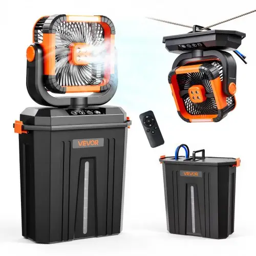 VEVOR Draadloze Campingventilator, 2400 RPM Motor, Buitenventilator met Mistfunctie en 12L Watertank, 20000mAh Batterij, 4 Snelheden & 3 Lichtstanden, Watergekoelde Mistventilator voor Kamperen, Vissen, Reizen