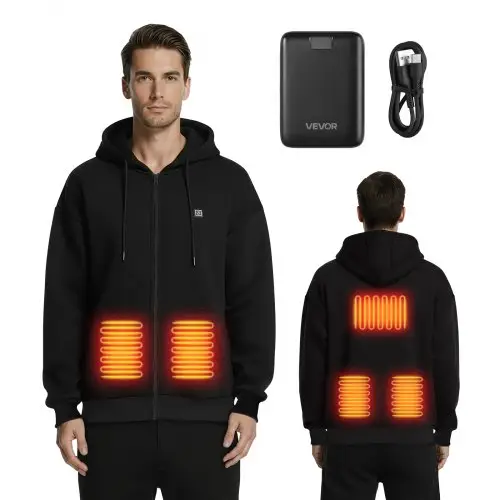 VEVOR Verwarmde Hoodie, Unisex, Capuchonjas met Ritssluiting en 7,4V 16000mAh Powerbank, 5 Verwarmingszones, 3 Temperatuurinstellingen, 4-8 uur warmte, voor Winterkamperen, Zwart, XXL