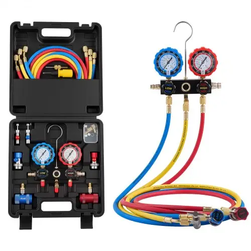 VEVOR AC airconditioning drukmeterset voor R134a, R404a, R1234y en R22 koelmiddelen, 3-weg drukmeter met 1,5 m slangen, adapters, snelkoppelingen en aansluitklemmen. Geschikt voor auto-airconditioningsystemen.