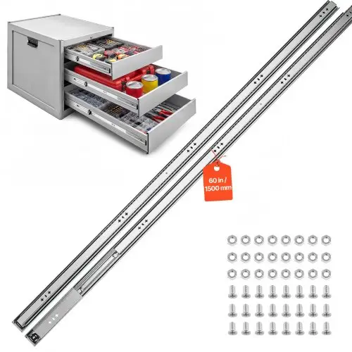 VEVOR 1 paar ladegeleiders, 150 cm uitschuifbaar met een draagvermogen van 120 kg, zijdelings te monteren ladegeleiders voor meubels, 3-delig volledig uitschuifbaar, koolstofstaal, kogellagers, inclusief moeren en bouten.