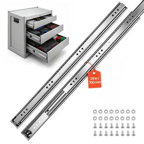 VEVOR 1 paar ladegeleiders, 70 cm uitschuifbaar met een draagvermogen van 120 kg, zijdelings gemonteerde ladegeleiders voor kasten, 3-delige volledige uitschuifconstructie, koolstofstaal, kogellagers, inclusief moeren en bouten.