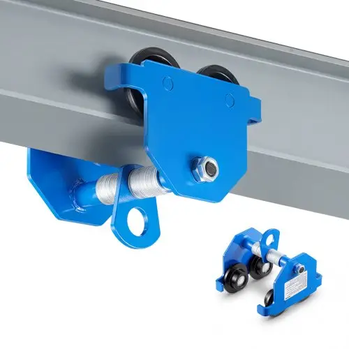 VEVOR-trolley met een hefvermogen van 499 kg, handmatige trolley voor I-balken, kraantrolley voor werkplaats, magazijn en fabriek, verstelbare flensbreedte van 53-140 mm, dubbele wielen van 80 mm, constructie van koolstofstaal.