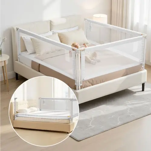VEVOR 3-delige bedhek, bedhek met versterkte ijzeren buis en Oxford-stof, 68-89 cm in hoogte verstelbaar kinderbedhek, kinderbedhek voor kingsize bedden, 200 x 190 x 200 cm