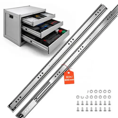 VEVOR 1 paar ladegeleiders, 80 cm uitschuifbaar met een draagvermogen van 120 kg, zijdelings gemonteerde ladegeleiders voor kasten, volledig uitschuifbaar, 3-delig, koolstofstaal, kogellagers, inclusief moeren en bouten.