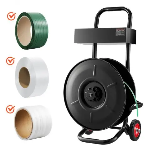 VEVOR dispenserwagen, geschikt voor PET/PP/polyester omsnoeringsrollen met een kerndiameter van 203 mm, omsnoeringsdispenser met verbeterd remsysteem, geïntegreerde ruime opbergruimte voor gereedschap
