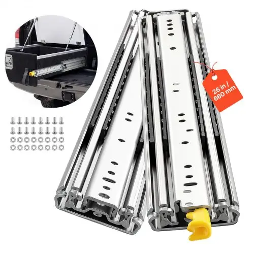 VEVOR 1 paar ladegeleiders met 66 cm uitschuifrails en een draagvermogen van 227 kg, zijdelings gemonteerde ladegeleiders voor meubels, 3-delige volledig uitschuifbare set, koolstofstaal, kogellagers, vergrendelingsmechanisme aan de rechterkant