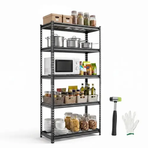 VEVOR 5-laags draadgaasstelling, 923x415x1813mm, 907kg totaal draagvermogen, gaasstelling voor magazijn, garage, kelder en woning, stalen constructie, in hoogte verstelbare schappen, draadgaaspanelen, zwart