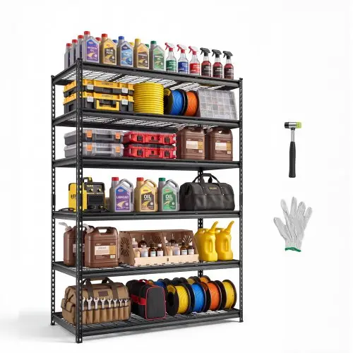 VEVOR 6-laags draadgaasstelling, 1400x612x1958mm, draagvermogen 1633kg, gaasstelling voor magazijn, garage, werkplaats, thuis, stalen constructie, in hoogte verstelbare schappen, draadgaaspanelen, zwart