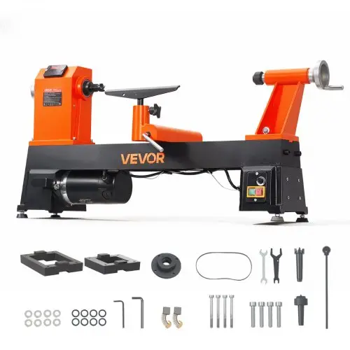 VEVOR Houtdraaibank 355 x 508 mm 750 W 1 HP Houtdraaimachine 150-3500 tpm voor tafelpoten en wandelstokken, robuust gietijzeren frame, overstroombeveiliging, hoogteverstelling en accessoires voor houtbewerking