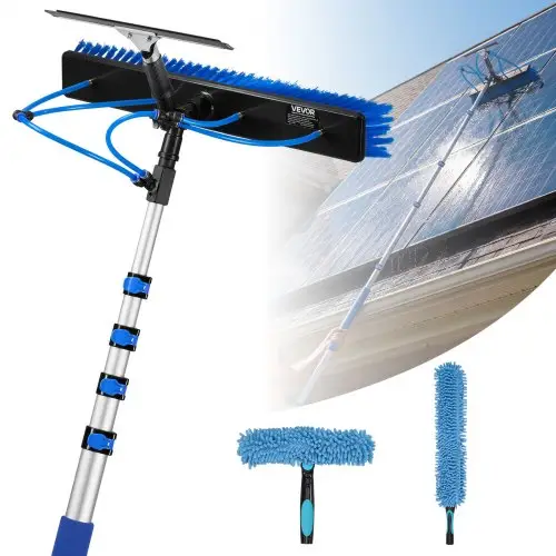 VEVOR 2-in-1 telescopische reinigingsborstel voor zonnepanelen, fotovoltaïsche reinigingsset met 1,2-4,6 m aluminium telescoop, 20 m wateraansluiting, wisser, zeepdispenser en reinigingsborstel voor zonne-energiesystemen, ramen en terrasdaken.
