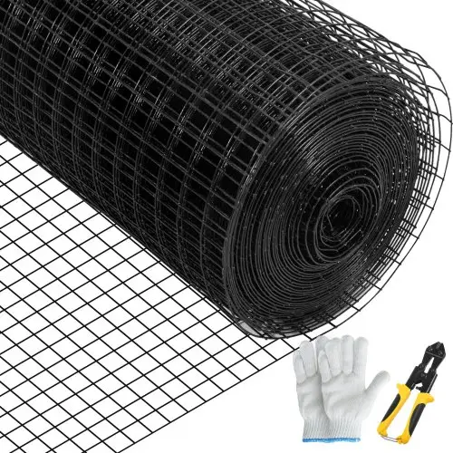 VEVOR Volièredraad 91 x 1524 cm, gaas, gegalvaniseerd vinylgecoat 16-gauge draad met kniptang en een paar stoffen handschoenen, voor tuinafscheidingen en dierenverblijven, zwart