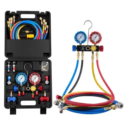 VEVOR AC airconditioning drukmeterset voor R134a/R404A/R1234yf/R22 koudemiddelen, 4-weg drukmeter met 1,5 m slangen, adapters, snelkoppelingen en aansluitklemmen. Geschikt voor auto-airconditioningsystemen.