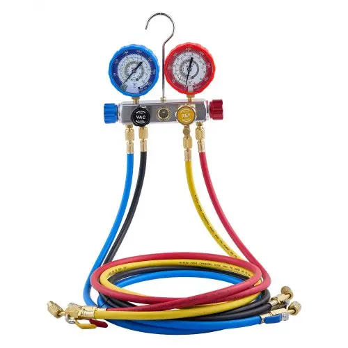 VEVOR airconditioning drukmeterset voor R22, R404A, R410A en R12 koudemiddelen, 4-weg drukmeter met 1,5 m slangen, voor onderhoud, evacuatie, vulling en terugwinning van airconditioningsystemen in voertuigen en woningen.