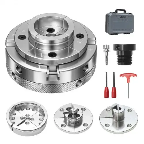 VEVOR 4-inch draaibankspantang (4 klauwen) met 1-inch x 8TPI schroefdraad en adapter, 5-delige spantangset (getrapt/rond/pen), vernikkeld oppervlak met draagtas voor houtdraaibanken
