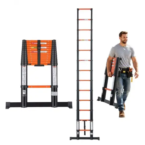 VEVOR Telescopische Ladder 380cm Uitschuifbare Ladder 150kg Draagvermogen Aluminium Ladder, Draagbare Opvouwbare Ladder voor Dakwerk, Buitenreparaties & Campers, Intrekmechanisme met één druk op de knop, Veiligheidsvergrendeling, Antisliptreden