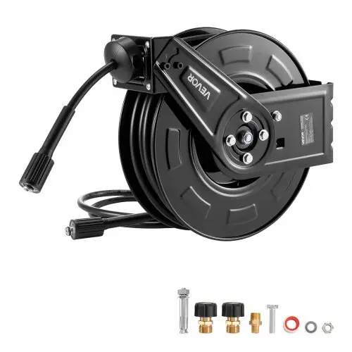 VEVOR Hogedrukreiniger Slanghaspel, 18,3 m x 6,35 mm, Stalen Slanghaspel, Max. 275 bar, Automatisch Oprollend, Flexibele Muur-/Vloermontage voor Autowassen, Tuin, Vloerreiniging