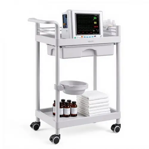 VEVOR Medische Trolley 50 kg Laboratoriumtrolley Medische Servicetrolley 60x34x81 cm, Transporttrolley voor Kliniek, Ziekenhuis, Schoonheidssalon & Laboratorium, Cosmetische Trolley met Lade, Opbergvak, Afvalbak, Wielen