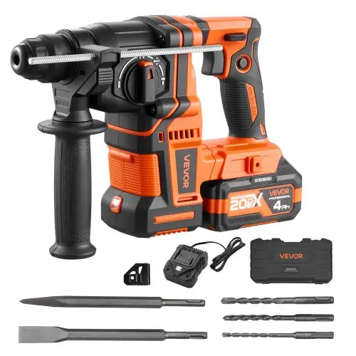 VEVOR Accu-rotatiehamer 13/16 inch SDS-Plus, 20 V borstelloze beitelhamer met oplader, 3 boorbits, platte beitel, puntbeitel en draagtas, voor beton en metselwerk, zwart/oranje