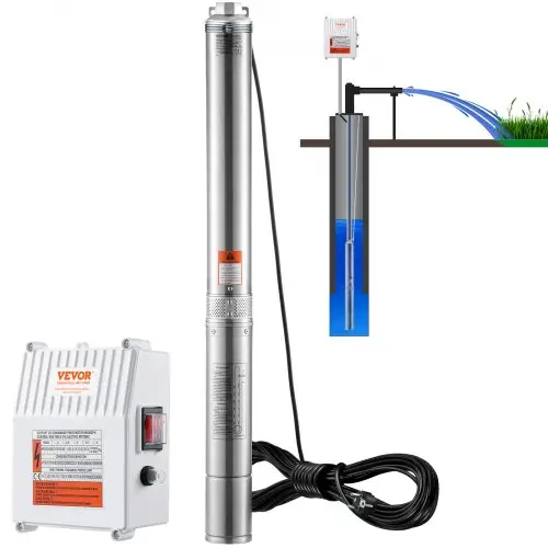 VEVOR diepwaterdompelpomp, 1500 W, 230 V, 50 Hz, 9,8 m³/u, 108 m opvoerhoogte, met 19,4 m kabel en externe schakelkast, roestvrijstalen waterpomp voor industrieel, irrigatie- en huishoudelijk gebruik, IP68 waterdicht.