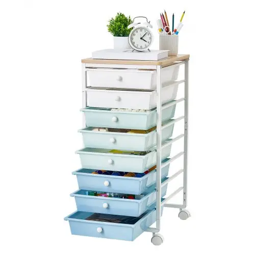 VEVOR rolwagen met 8 laden, rolcontainer 400x330x715mm, groen, blauw, wit, metalen frame, houten tafelblad, handgrepen, zwenkwielen met 2 remmen, mobiele ladewagen voor kantoor, werkplaats, klaslokaal