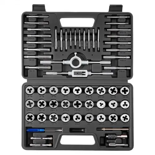VEVOR 60-delige tap- en snijset, metrische en SAE-maten M3 tot M12, nr. 4 tot 1/2 inch, met grove en fijne tappen en snijplaten, sleutel en draagtas.