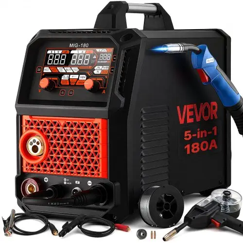 VEVOR 150A MIG-lasapparaat 5-in-1 Aluminium MIG/MIG-gas/Vloeibaar draad/MMA/Lift TIG, draagbaar lasapparaat voor werkplaats, garage en doe-het-zelf, IGBT-inverter, Synergy Control, 2T/4T/Spot-modi, digitaal display