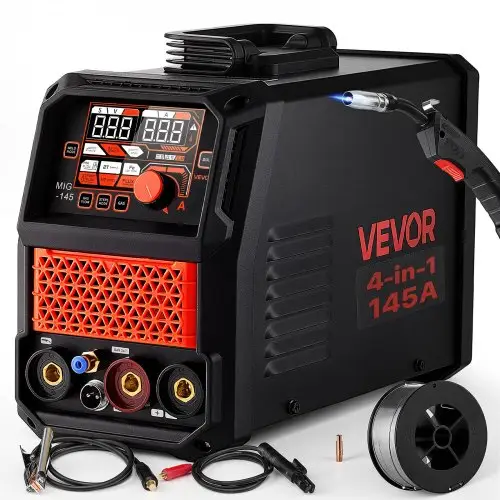 VEVOR 145A MIG-lasapparaat 4-in-1 MIG/gevuld draad/lift-TIG/MMA-lassen, draagbaar 220V-lasapparaat voor werkplaats, garage en doe-het-zelf, IGBT-inverter, Synergy Control, 2T/4T-modi, digitaal display