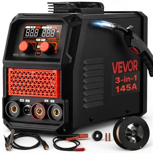 VEVOR 145A MIG-lasapparaat 3-in-1 Lift-TIG/Gasloos gevuld draad/MMA-lassen, draagbaar lasapparaat voor werkplaats, garage, doe-het-zelf, IGBT-inverter, Synergy Control, digitaal display, overbelastingsbeveiliging