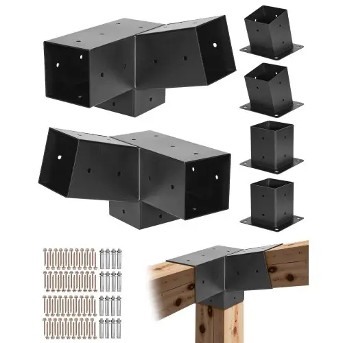 VEVOR paalverbinders, 3-weg hoekbeugels voor houten balken van 92x92 mm, 2-pack pergolabeugels met 2 paalvoeten en 2 wandmontagevoeten, voor pergola's, prieeltjes en buitenschuurtjes