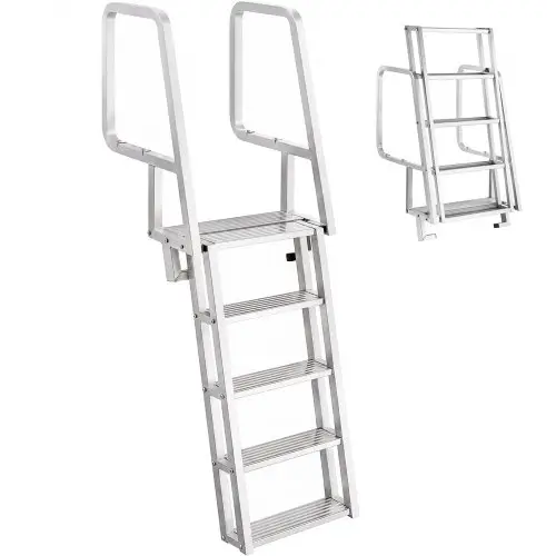 VEVOR opvouwbare aanlegsteigerladder, bootladder met 5 antislip treden, brede pedalen en leuning, draagvermogen 159 kg, aluminiumlegering zwembadladder, toegangsladder voor aanlegsteigers, zwembaden, meren, jachten, zilver