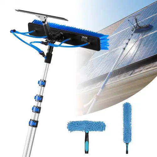 VEVOR 2-in-1 telescopische reinigingsborstel voor zonnepanelen, fotovoltaïsche reinigingsset met 1,8-7,9 m aluminium telescoop, 20 m wateraansluiting, wisser, zeepdispenser en reinigingsborstel voor zonne-energiesystemen, ramen en terrasdaken.