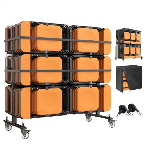 VEVOR klapstoelwagen voor 42 stoelen en 12 klaptafels met een draagvermogen van 363 kg, stoelwagen voor opslag en transport bij evenementen, koolstofstaal, vergrendelbare zwenkwielen, waterdichte hoes, zwart