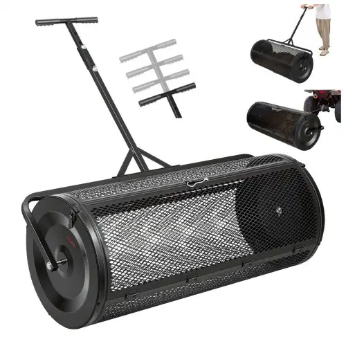VEVOR Compoststrooier 204 L, 112 cm Turfstrooier met duw-/trekhendel, turfstrooier, in 4 standen in hoogte verstelbaar, gepoedercoat stalen compostrol, meststrooier voor planten en zaaien, zwart