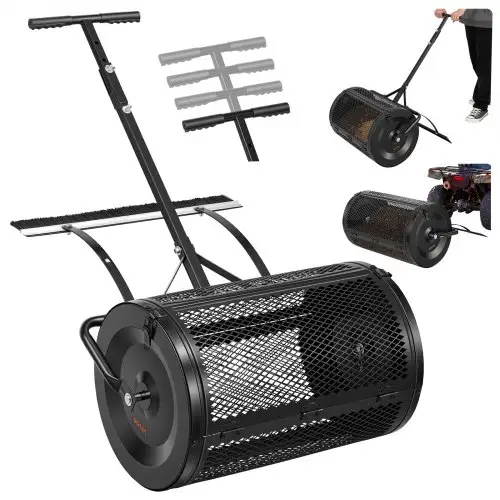 VEVOR Compoststrooier 76,5 L, 61 cm Turfstrooier met duw-/trekhendel, turfstrooier, in 4 standen in hoogte verstelbaar, gepoedercoat stalen compostrol, meststrooier voor planten en zaaien, zwart