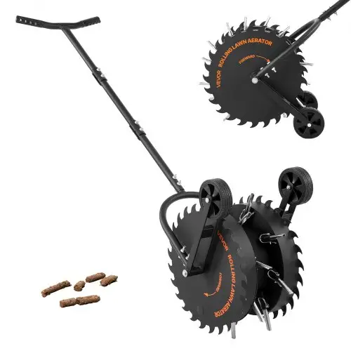 VEVOR Handmatige gazonbeluchter, gazonbeluchter met een werkdiepte van 5 cm, 2 rollen en 16 ijzeren pinnen, stalen gazonbeluchter, gazonroller voor verdichte grond, gazonverzorging voor tuin en erf, zwart