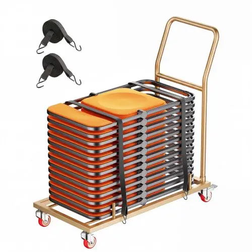 VEVOR opklapbare stoeltrolley voor 25 stoelen, horizontale stoelstandaard, 136 kg, L-vormig, stoelwagen voor opslag en transport bij evenementen, koolstofstaal, zwenkwielen met remmen, met handvat, goudbruin
