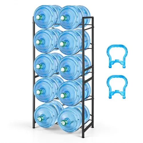 VEVOR Waterkanhouder, 5 lagen, dubbele rijen, voor 10 gallons (ca. 38 liter), waterkanrek, waterdispenserrek, waterflessenrek, watercontainerrek voor keuken, kantoor, woonkamer, zwart