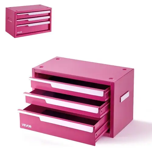VEVOR Gereedschapskist met 3 laden, draagbare metalen gereedschapskist, roze, gereedschapsopbergkist voor werkplaats, garage, kantoor, thuis, stalen frame, 280x150x166mm, met beschermende inzetstukken en magneten