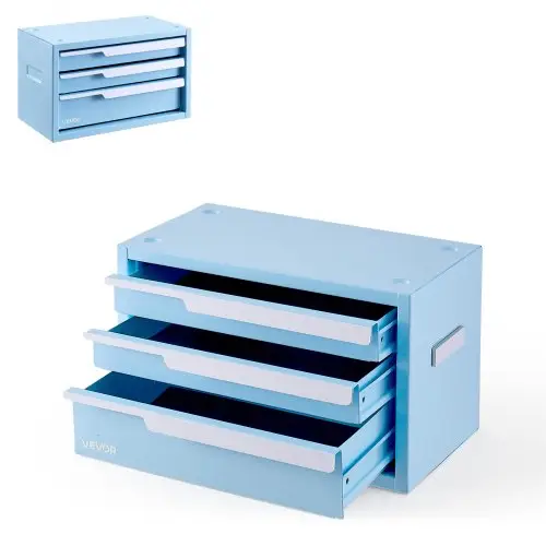 VEVOR Gereedschapskist met 3 laden, draagbare metalen gereedschapskist, blauw, stapelbare gereedschapskist voor werkplaats, garage, kantoor en thuis, stalen frame, 280x150x166 mm, met PVC bescherminzetstukken en magneten