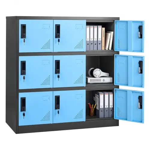 VEVOR metalen locker, 3 niveaus, lockerkast, draagvermogen 30 kg, locker voor waardevolle spullen met 2 sleutels per deur, compartimentkast voor kantoor, school, sportschool, eenvoudige montage, 90x45x94 cm, blauw/zwart