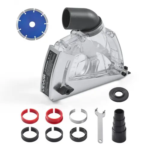 VEVOR Haakse Slijpmachine Afzuigkap, Universeel 100-125 mm, Stofkap met 6 Klemschijven & 125 mm Diamantslijpbeker, Instelbare Snijdiepte, Aansluiting voor Stofzuiger, Transparant
