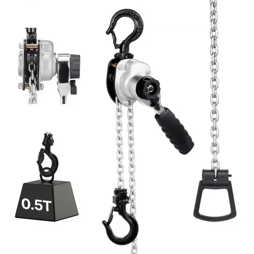 VEVOR Mini Hefboomtakel, 1/2T Capaciteit, Handkettingtakel, Hefvermogen 3 m, G80 Stalen Legering Ketting met Mechanische Dubbele Palrem, Kettingtakel met 360° Draaibare Haken, voor Magazijn, Bouw, Garage