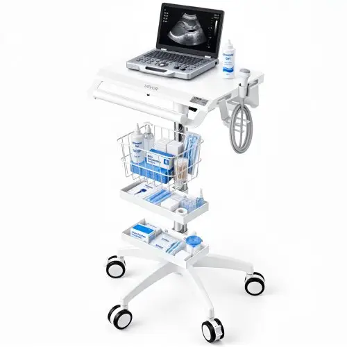 VEVOR Medische Trolley 30 kg Laboratoriumtrolley Medische Servicetrolley 56x56 cm, voor Kliniek, Ziekenhuis, Laboratorium, 905–1115 mm In hoogte verstelbaar Pneumatisch, Transporttrolley met 2 Opbergvakken, 1 Mand, 5 Wielen
