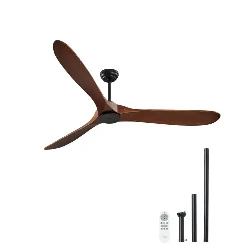 VEVOR 180 cm plafondventilator zonder verlichting, 6 snelheden, afstandsbediening, 3 houten bladen, omkeerbare gelijkstroommotor, buitenventilator voor slaapkamer, woonkamer, terras, binnen/buiten, walnoot