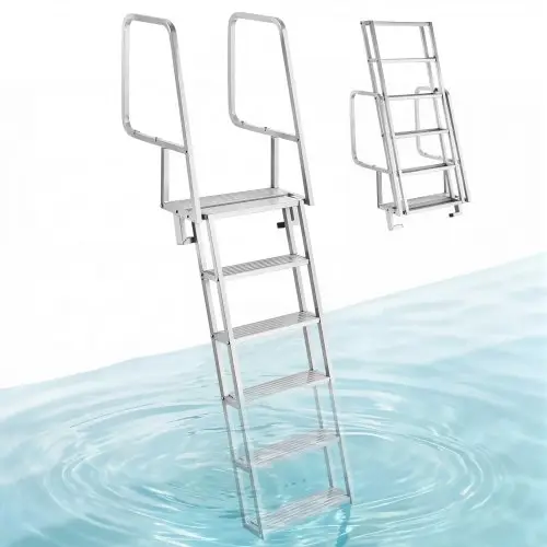 VEVOR opvouwbare aanlegsteigerladder, bootladder met 6 antislip treden, brede pedalen en leuning, draagvermogen 159 kg, aluminiumlegering zwembadladder, toegangsladder voor aanlegsteigers, zwembaden, meren, jachten, zilver