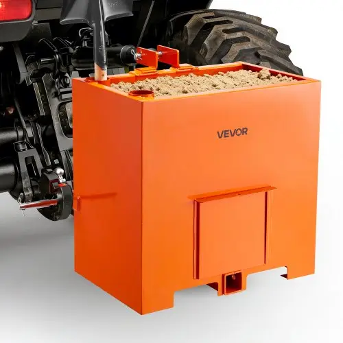 VEVOR ballastbak, 3-punts tractorballast categorie 1 met een laadvermogen van 363 kg, met standaard 2-inch trekhaak, stalen constructie, 0,14 m³ volume, laderbevestiging met schuifdeur, oranje